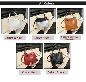 Five glossy leather bucket bags shown in white, silver, brown, red, and black colors