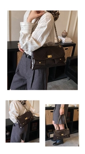 Three-way view of a dark brown quilted chain tote bag with classic diamond stitch