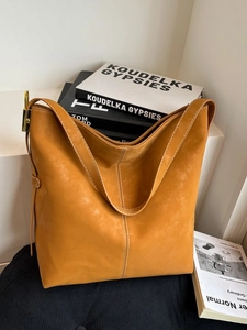 Vintage Large Capacity PU Leather Tote Bag For Women Casual Shoulder Bag With Contrast Topstitching Gold Metal Buckle Daily Commute Bag