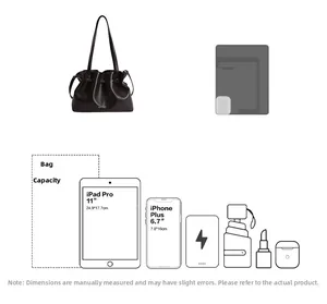 Capacity guide showing pleated tote bag fitting iPad Pro 11 and daily essentials