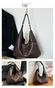 Detailed views of vintage brown tote bag showing large capacity and smooth PU texture
