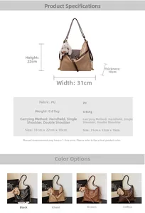 Detailed dimension chart and multi-color options for versatile 3-way PU leather tote bag