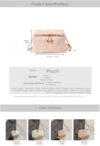 Detailed size chart and parameter table for plush mini crossbody box bags with chain strap