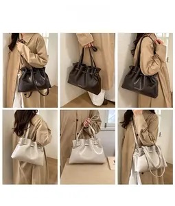 Collage of women's pleated leather tote bags in dark brown and beige on a model