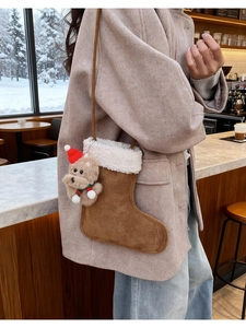 Winter stocking bag in brown suede with plush trim and cute dog charm in snow cafe