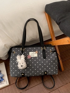 Women Stylish Polka Dot Tote Bag Polyester Felt Large Capacity Shoulder Bag With Cute Rabbit Plush Charm Daily Handbag