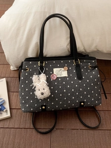 Chic grey felt tote bag with white polka dots and cute bunny pendant charm decoration