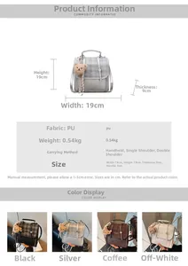 Mini plaid backpack size chart and color options showing black silver brown beige styles