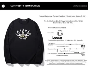 Detail view of cotton t-shirt fabric specs with crown logo and 10XL size chart info