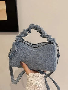 Sac à Main Oreiller en Denim pour Femmes Poignée Scrunchie Rétro Sac Bandoulière Casual Sac à Épaule avec Sangle Réglable Bleu Noir