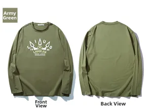 Front and back view of army green long sleeve T-shirt with vintage letter prints