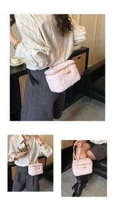 Detailed views of a pink plush mini box bag with gold chain and spherical metal charms
