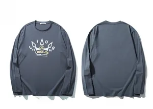 Front and back view of gray-blue long sleeve T-shirt with crown graphic and letter print