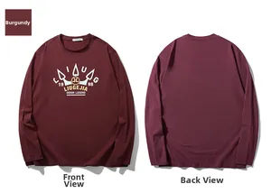Front and back view of burgundy long sleeve T-shirt with vintage graphic print