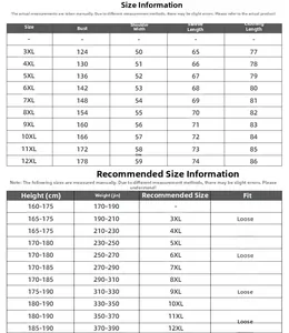 Detailed size chart for men's plus size hoodie ranging from 3XL up to 12XL measurements