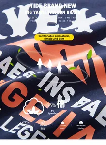 Detail of navy blue t-shirt fabric showing 95% cotton blend and bold orange graphic print