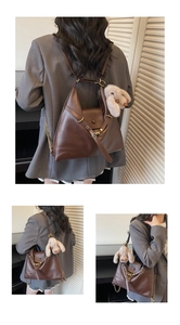 Deep brown leather tote bag with plush bunny charm and golden chain detail in three views