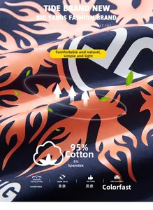 Macro shot of 95% cotton knit fabric texture with orange flame print and white lettering