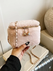 Women's Korean Style Faux Fur Mini Box Crossbody Bag With Metal Chain Strap And Cute Dice Pendant Small Plush Shoulder Bag