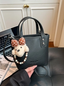 Women Fashion PU Leather Bucket Bag Minimalist Lychee Texture Shoulder Crossbody Handbag With Plush Animal Charm
