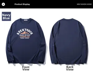 Detail of navy blue long sleeve t-shirt featuring orange mountain print and round neck