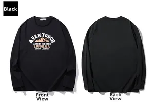 Front and back view of black loose long sleeve tee with mountain and letter prints
