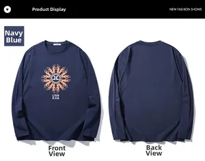 Front and back detail of navy long sleeve T-shirt with orange flame graphic print