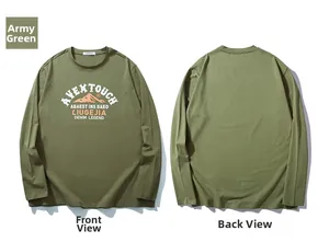 Detail of army green long sleeve T-shirt with mountain graphic and artistic typography print