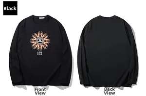 Front and back detail of black long sleeve t-shirt with orange flame logo design