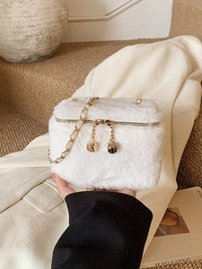 Chic white fuzzy faux fur mini box bag with gold dice zipper and chain strap for women