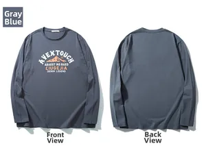Front and back view of grey-blue long sleeve T-shirt with vintage mountain print
