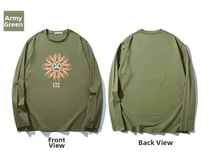 Front and back view of army green long sleeve T-shirt with orange circular flame logo