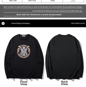 Detail view of cotton long sleeve tee with vintage lettering print and 10XL size chart