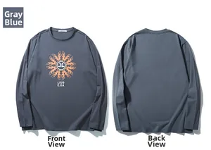 Front and back detail of a gray blue long sleeve t-shirt with orange sun print and text