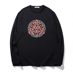 Men's Plus Size Cotton Long Sleeve T-Shirt Loose Fit Graphic Printed Crew Neck Casual Streetwear Top Fashion Black Tee