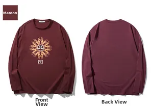 Front and back views of a brown long-sleeved t-shirt with sun graphic and logo print