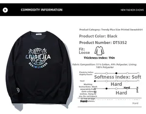 Detail view of black oversized sweatshirt featuring earth print and material specifications