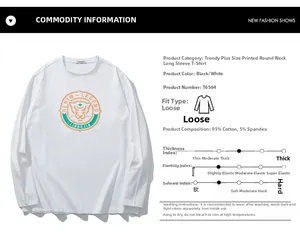 Detail view of white crew neck t-shirt showing 95% cotton fabric and printed logo design