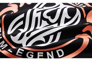 Detail of the high-quality screen print legend lettering on black cotton fabric