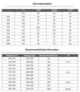 Detailed size chart for men's plus size long sleeve T-shirt from XL to 10XL with measurements
