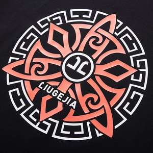 Men's oversized black T-shirt with white Greek key print and colorful LIUGEJIA graphic
