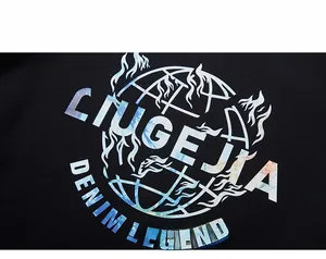 Close-up of the LIUGEJIA print on black oversized hoodie showing graphic earth design