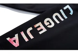Close-up of black sweatshirt featuring colorful gradient CIUGEJIA letter printing