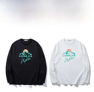 Detailed view of the mountain graphic print on loose-fit long sleeve t-shirts in black and white
