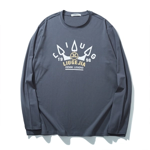Men's loose long-sleeve T-shirt in dark grey with vintage graphic crown print