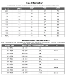 Detailed size chart for men's plus size loose long sleeve t-shirt from XL to 10XL