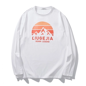 Men Plus Size Long Sleeve T-Shirt Cotton Blend Mountain Sunset Print Crew Neck Loose Casual Streetwear Top