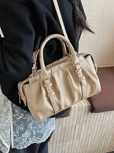 Elegant beige pleated small square handbag with golden hardware for office commuting style