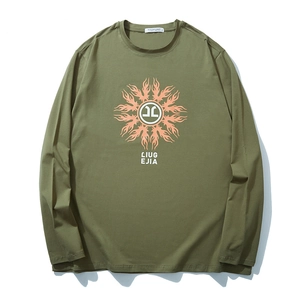 Army green long sleeve cotton T-shirt with orange flame graphic and white logo