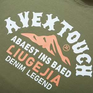 Army green cotton long sleeve T-shirt with vintage letter print and orange peak graphic
